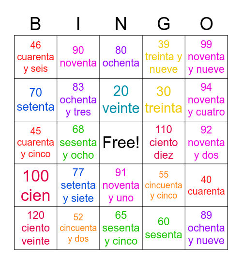 Más números 120 Bingo Card