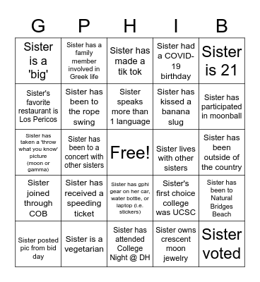 Sisterhood Bingo Card