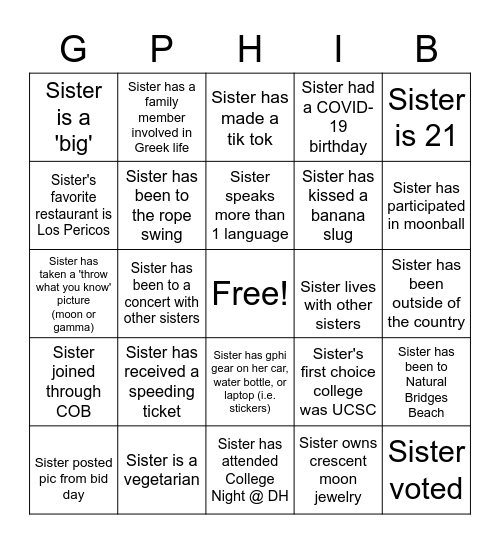 Sisterhood Bingo Card