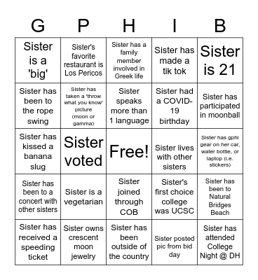 Sisterhood Bingo Card