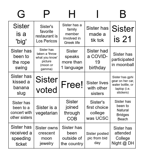 Sisterhood Bingo Card