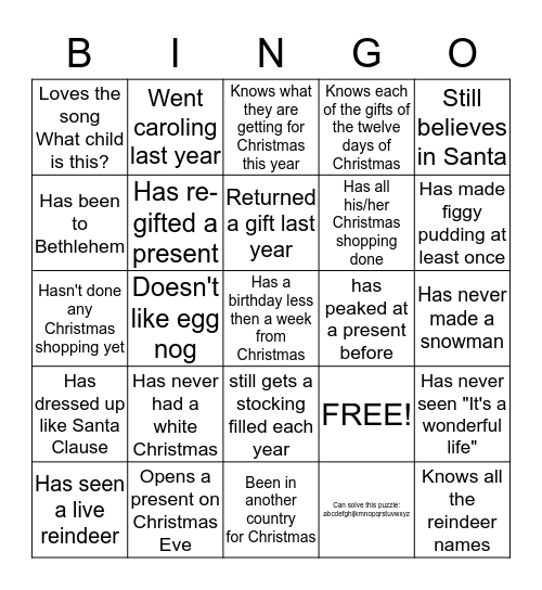 Christmas Bingo Card