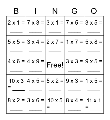 Multiplication Bingo Card
