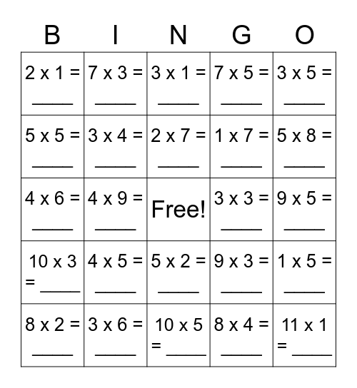 Multiplication Bingo Card