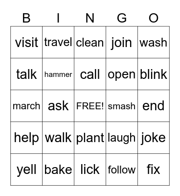 Regular Past Tense Bingo Card