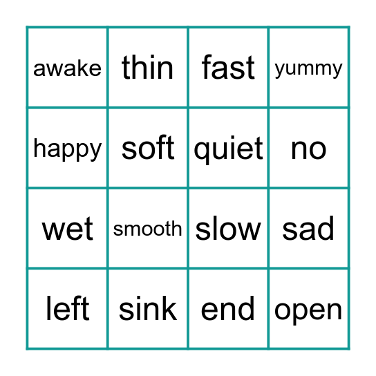 Antonym Bingo Card