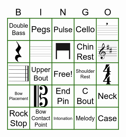 6th-Grade Orchestra Music Theory Bingo Card