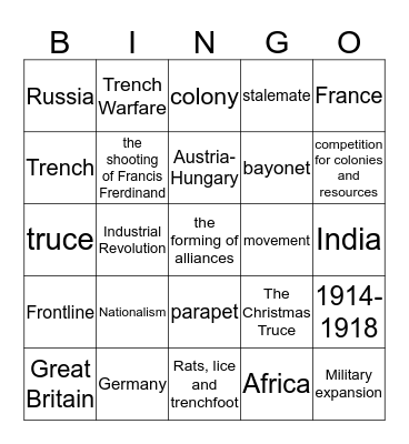 World War 1 Bingo Card