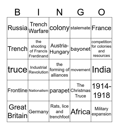 World War 1 Bingo Card