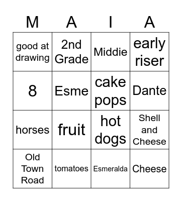 Maia Bingo Card