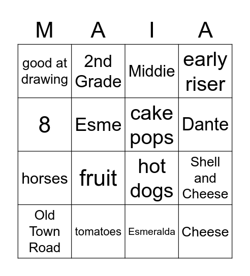 Maia Bingo Card