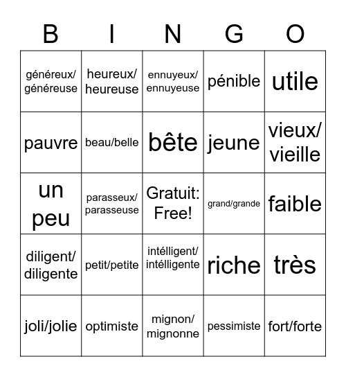 Les Adjectifs Bingo Card