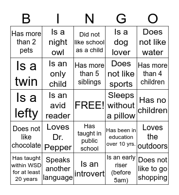 PEOPLE Bingo Card