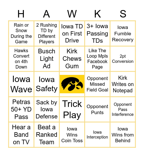 Iowa Football Bingo Card