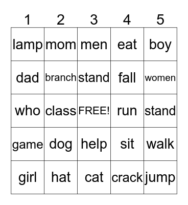 Sight words for JR Bingo Card