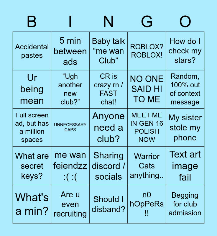 Untitled Bingo Card - roblox how to recruit members fast