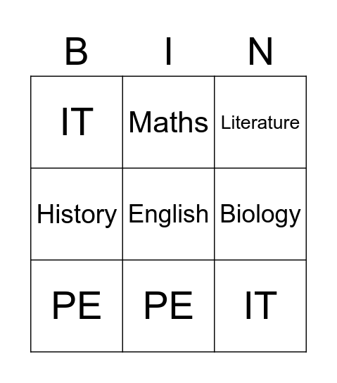 School Subjects Bingo Card