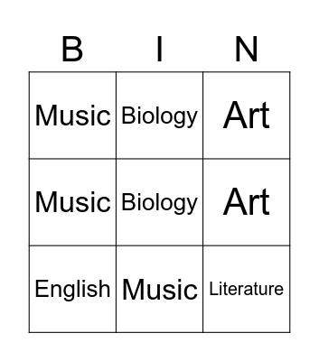 School Subjects Bingo Card