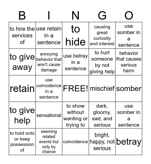 Word of the Week Bingo Card