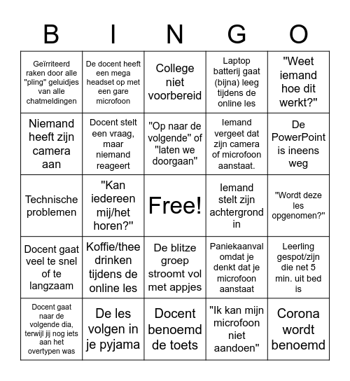 De online les bingo (PVA1A1 editie) Bingo Card