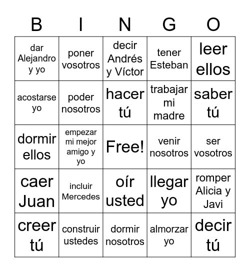 Pretérito Bingo Card