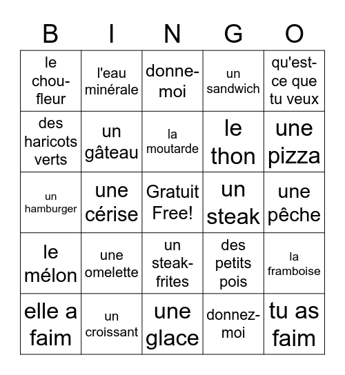 La Nourriture Bingo Card