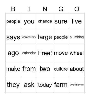 November Vocabular Bingo Card