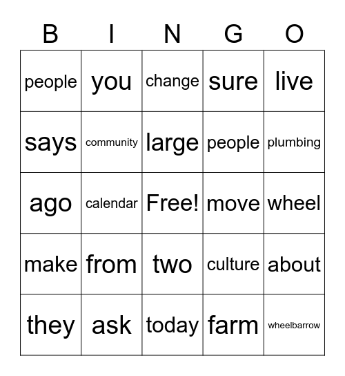 November Vocabular Bingo Card