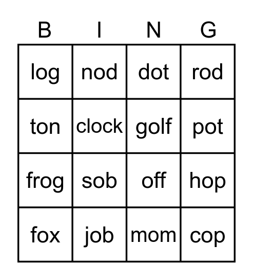Short O Bingo Card
