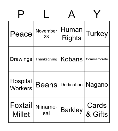 Japanese Thanksgiving Bingo Card