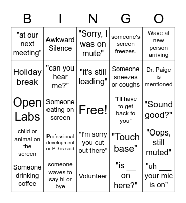 MNS November department meeting Bingo Card