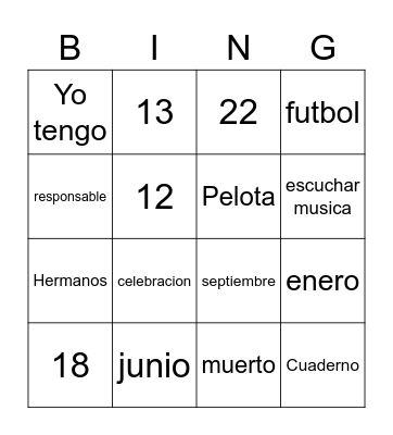 Vocabulario Bingo Card