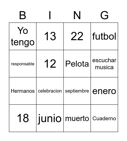 Vocabulario Bingo Card