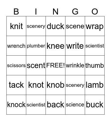 Silent Letter Bingo Card