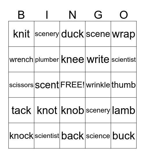 Silent Letter Bingo Card