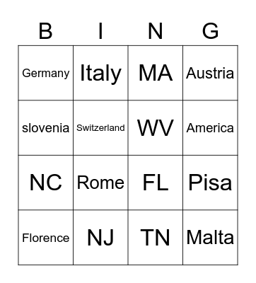 Places to go! Bingo Card
