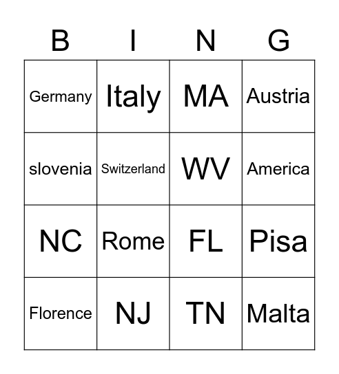 Places to go! Bingo Card