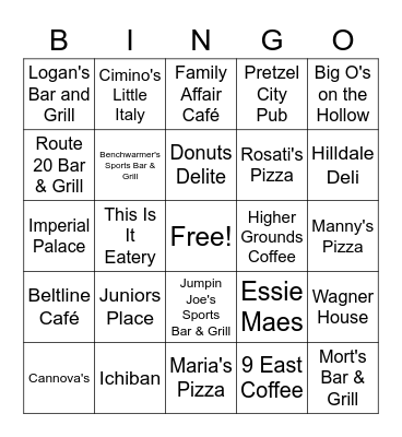 Stephenson County Restaurants Bingo Card