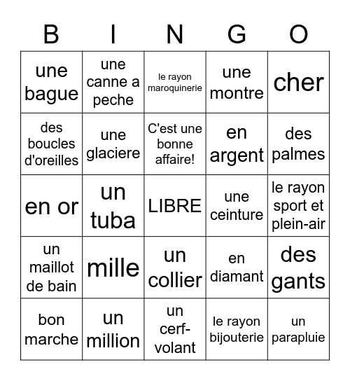 Vocabulaire Lecon 7-2 Bingo Card