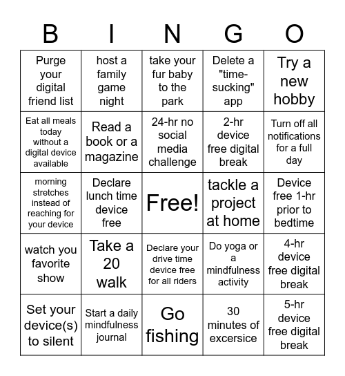 Digital Detox Bingo Card