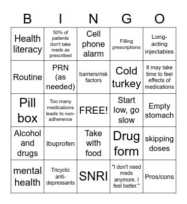Medication Management Bingo Card