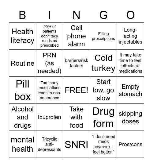 Medication Management Bingo Card