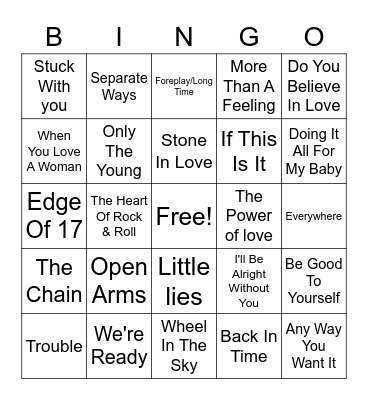 Journey/ Boston/Fleetwood Mac/Huey Lewis Bingo Card