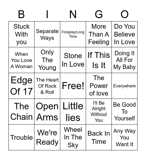 Journey/ Boston/Fleetwood Mac/Huey Lewis Bingo Card