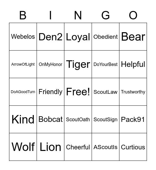 Cub Scout Bingo Card
