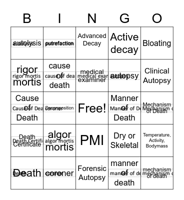 Forensic Science Death Bingo Card