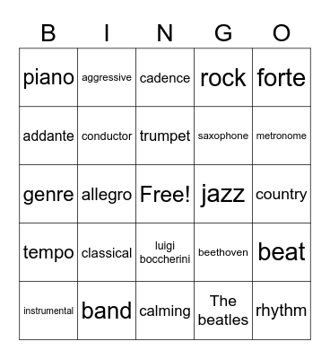 musc themed B. I. N. G.O Bingo Card