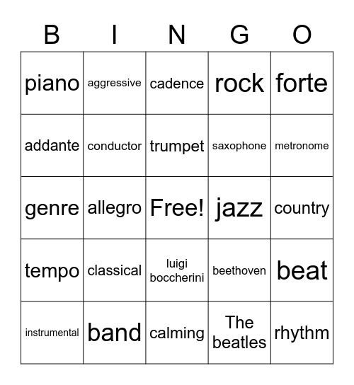 musc themed B. I. N. G.O Bingo Card