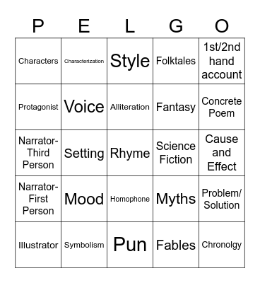 PELGO: Literary Terms Bingo Card