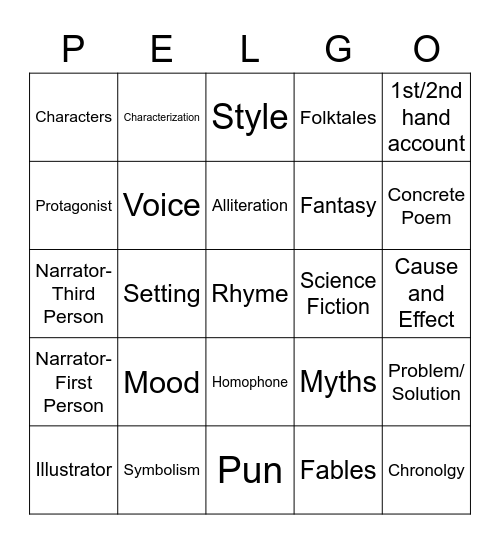 PELGO: Literary Terms Bingo Card